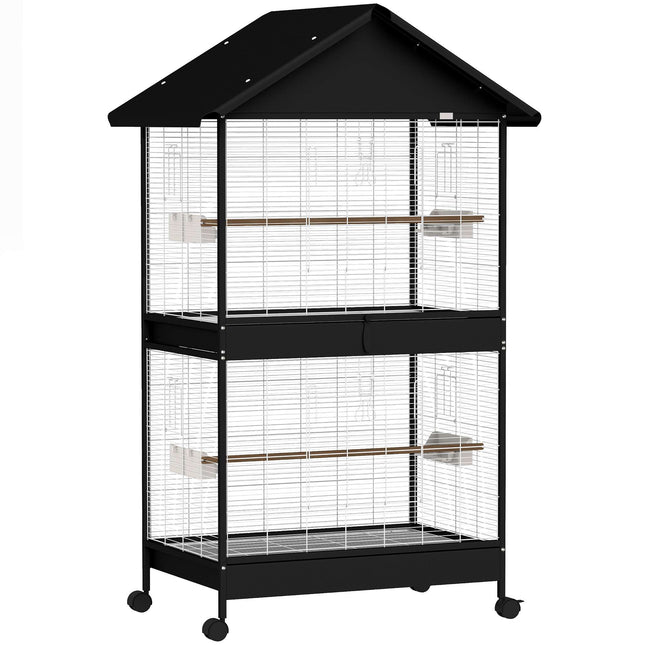 Large Bird Cage with Removable Divider, Wheels, White/Black