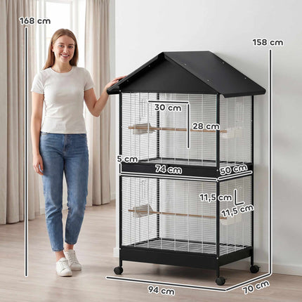 Large Bird Cage with Removable Divider, Wheels, White/Black