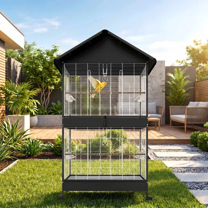 Large Bird Cage with Removable Divider, Wheels, White/Black