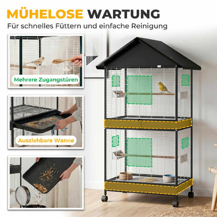 Large Bird Cage with Removable Divider, Wheels, White/Black