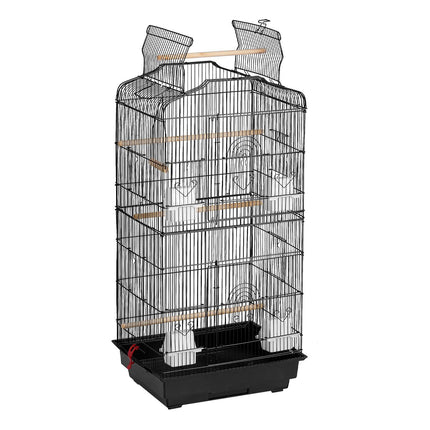 Large Bird Cage with Rolling Stand, Open Top, 4 Perches, Black