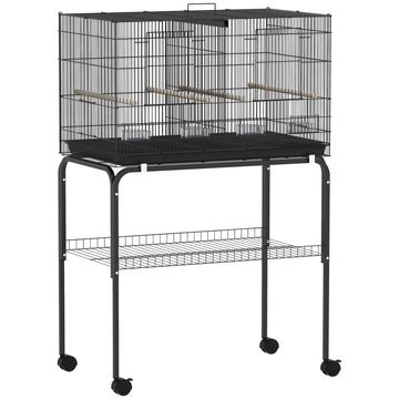 Large Bird Cage with Stand, 4 Perches, Black, 76x46x116 cm