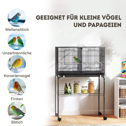 Large Bird Cage with Stand, 4 Perches, Black, 76x46x116 cm