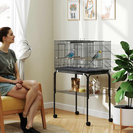 Large Bird Cage with Stand, 4 Perches, Black, 76x46x116 cm