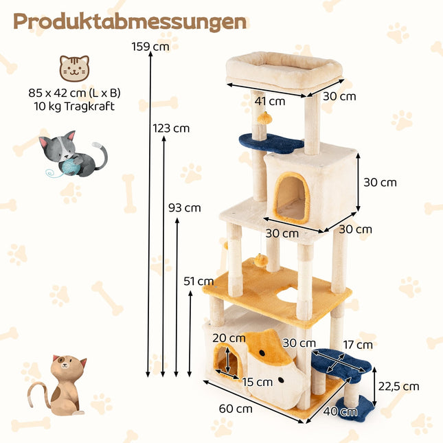 Large Cat Tree with Fish Design, Sisal Posts, Beige