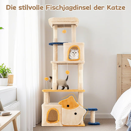 Large Cat Tree with Fish Design, Sisal Posts, Beige