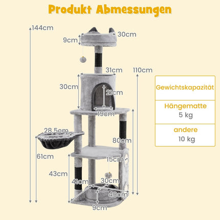 Large Cat Tree with Hammock, Cave, Platforms – Grey