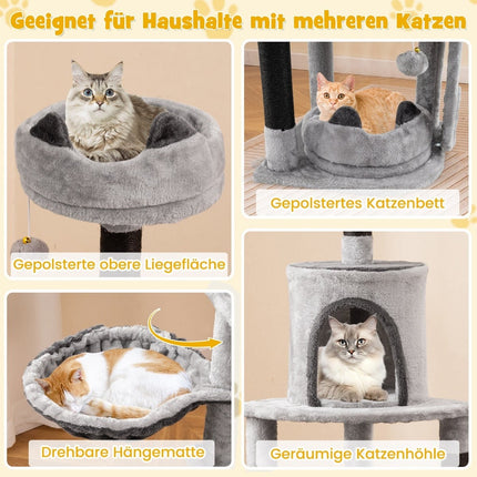 Large Cat Tree with Hammock, Cave, Platforms – Grey