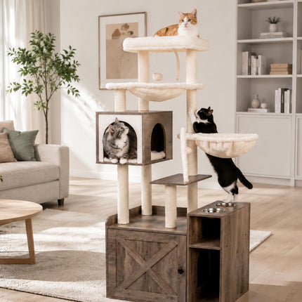 Large Cat Tree with Litter Cabinet, Sisal Posts & Toys