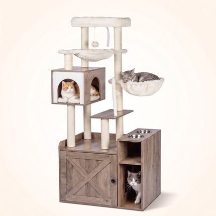 Large Cat Tree with Litter Cabinet, Sisal Posts & Toys