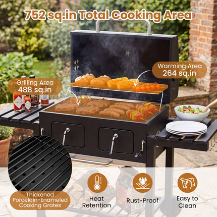 Large Charcoal Grill with Folding Tables and Thermometer