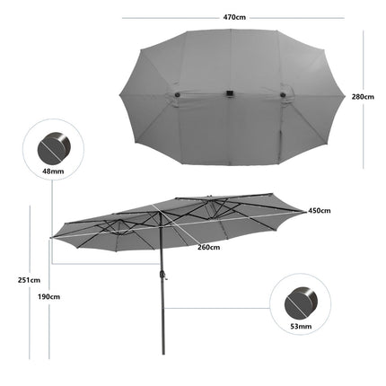 Large Double Patio Umbrella with 48 Solar LED Lights, Grey