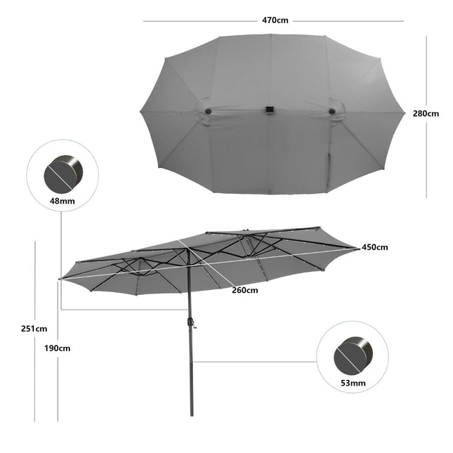 Large Double Patio Umbrella with 48 Solar LED Lights, Grey
