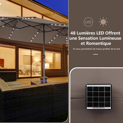 Large Double Patio Umbrella with Solar LED Lights, Brown