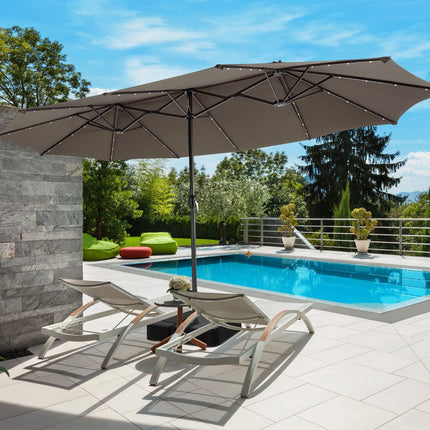 Large Double Patio Umbrella with Solar LED Lights, Brown
