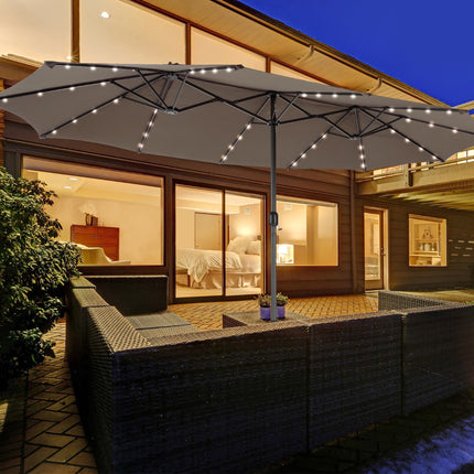 Large Double Patio Umbrella with Solar LED Lights, Brown