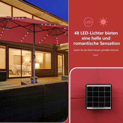 Large Double Patio Umbrella with Solar LED Lights, Red