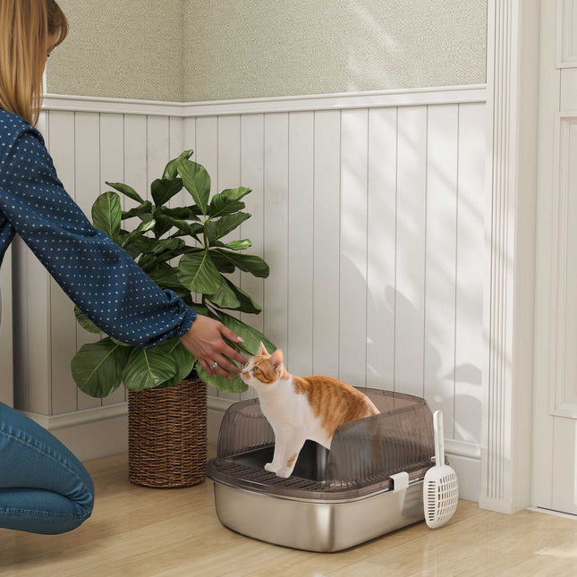 Large Stainless Steel Cat Litter Box with Scoop, 53x42x27cm
