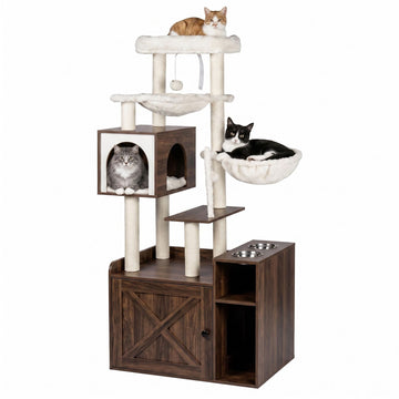 Large White Cat Tree with Litter Cabinet & Sisal Posts