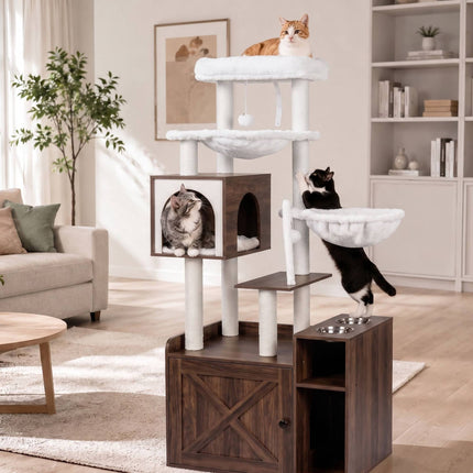 Large White Cat Tree with Litter Cabinet & Sisal Posts