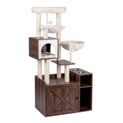 Large White Cat Tree with Litter Cabinet & Sisal Posts