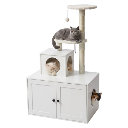 Large White Cat Tree with Litter Tray and Sisal Posts