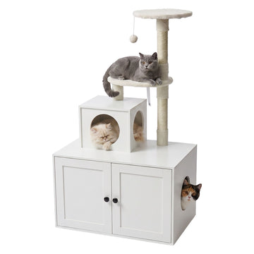 Large White Cat Tree with Litter Tray and Sisal Posts