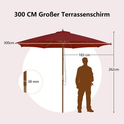 Large Wooden Patio Umbrella, 300cm, Red, Bamboo Ribs
