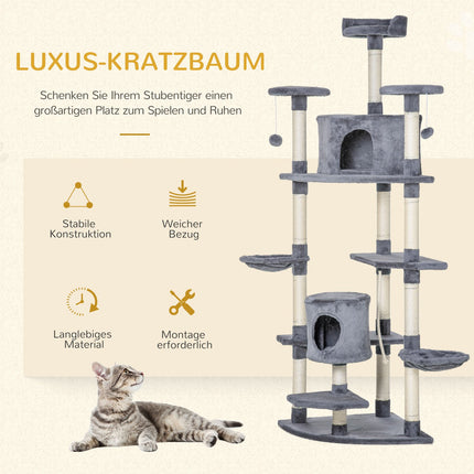 Large cat tree with hammocks and caves, 200cm, light grey