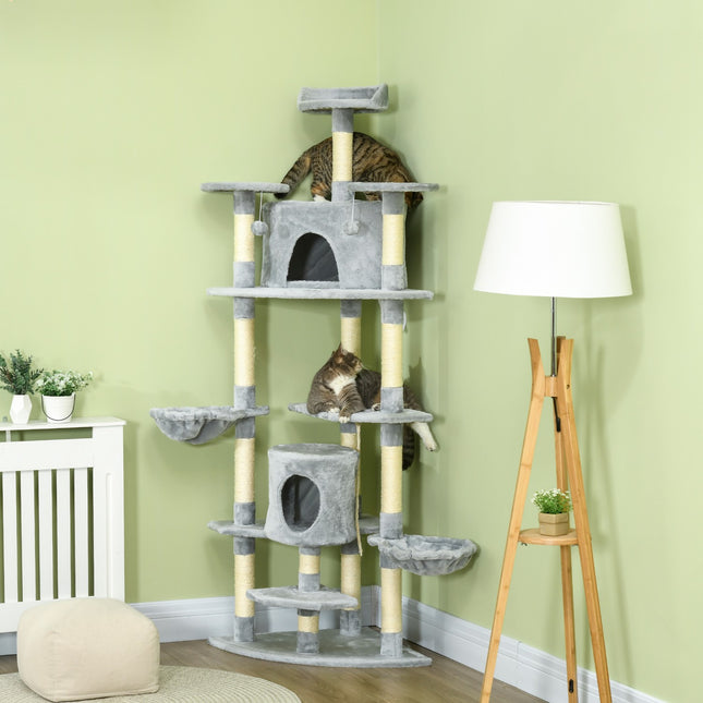 Large cat tree with hammocks and caves, 200cm, light grey