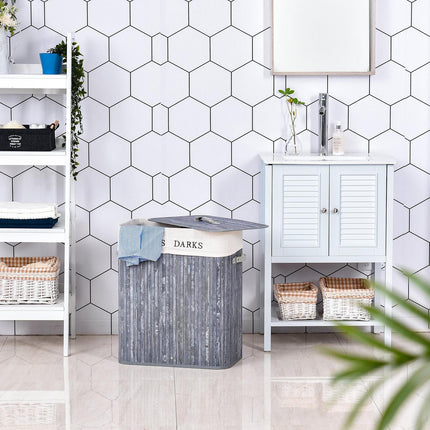 100L gray laundry basket - Washable canvas and bamboo