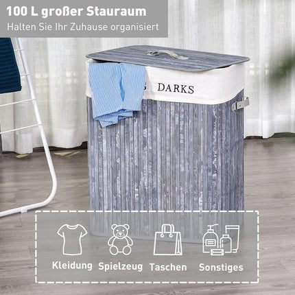 100L gray laundry basket - Washable canvas and bamboo