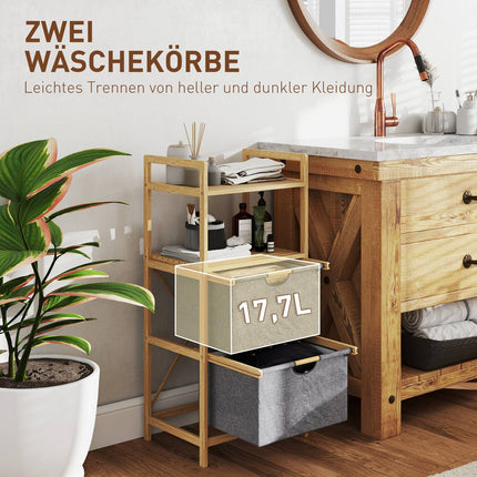 Bamboo laundry basket with 2 fabric baskets, 35.4 L, natural