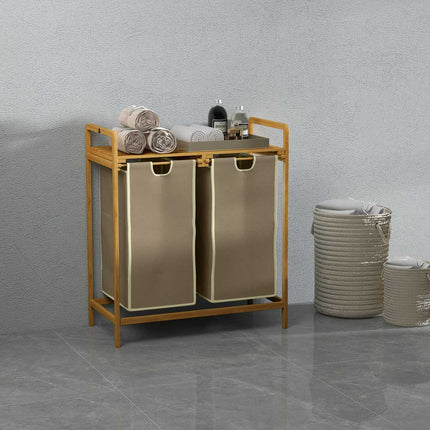 Bamboo laundry basket, cream, 2 removable bags, 63.5x33x73 cm