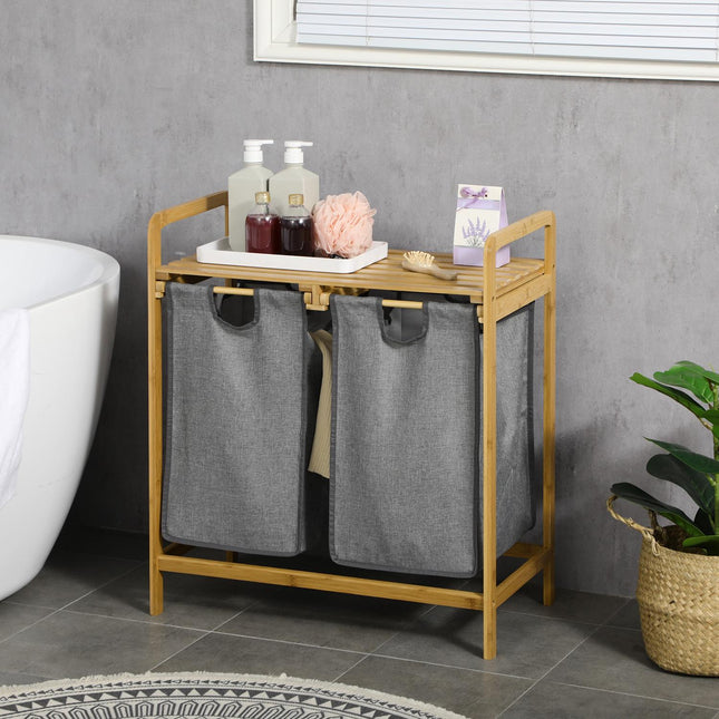 Bamboo laundry basket with removable bags - gray and natural
