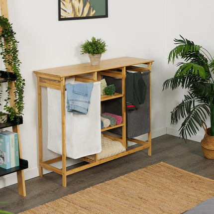 Laundry Basket Rack with 4 Shelves, Bamboo Fabric