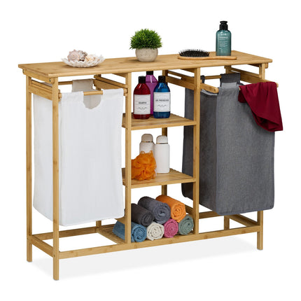 Laundry Basket Rack with 4 Shelves, Bamboo Fabric