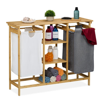 Laundry Basket Rack with 4 Shelves, Bamboo Fabric