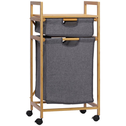 Bamboo laundry basket with wheels, double fabric bags, 42X35X84.5 cm