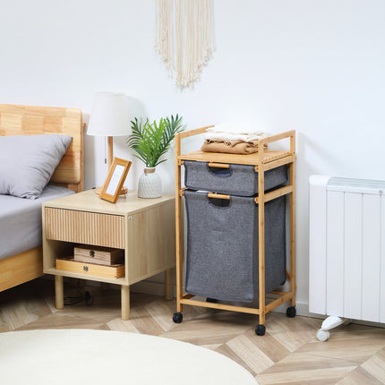 Bamboo laundry basket with wheels, double fabric bags, 42X35X84.5 cm