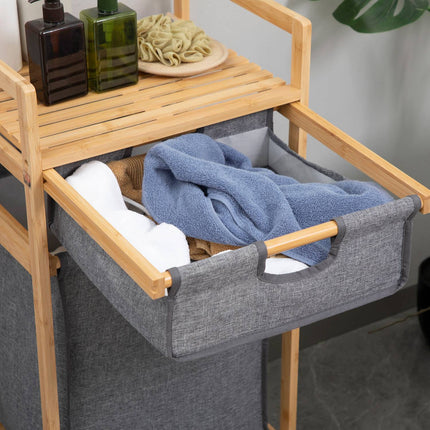 Bamboo laundry basket with wheels, double fabric bags, 42X35X84.5 cm