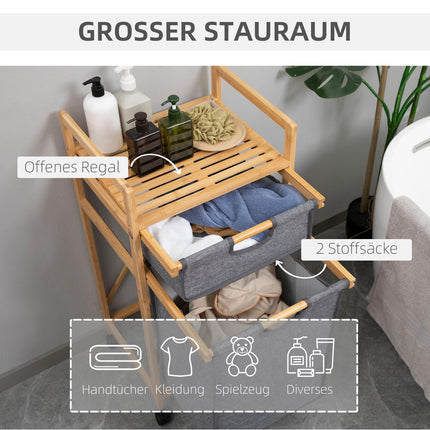Bamboo laundry basket with wheels, double fabric bags, 42X35X84.5 cm