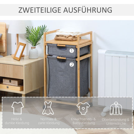 Bamboo laundry basket with wheels, double fabric bags, 42X35X84.5 cm