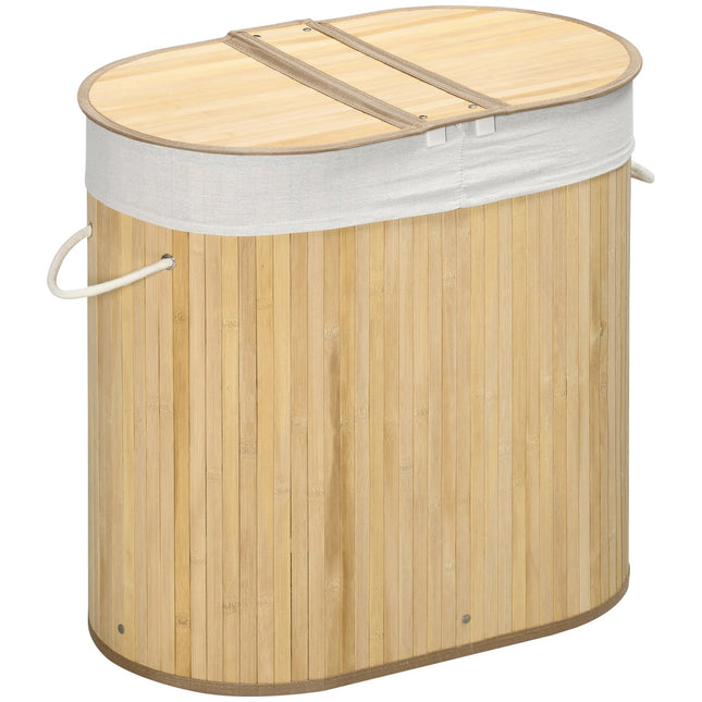 Bamboo laundry basket with lid, double compartments