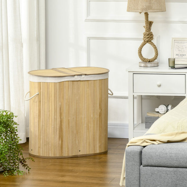 Bamboo laundry basket with lid, double compartments