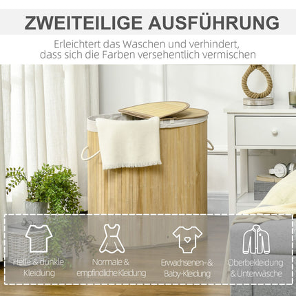 Bamboo laundry basket with lid, double compartments