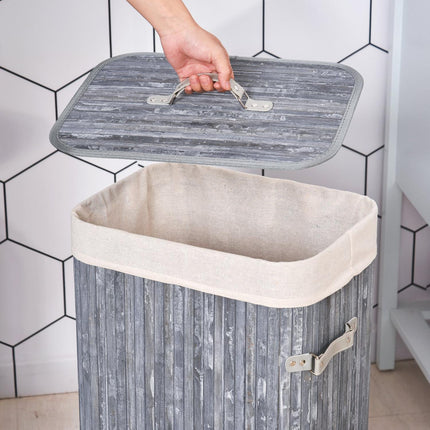 Foldable 72L bamboo laundry basket with lid - grey