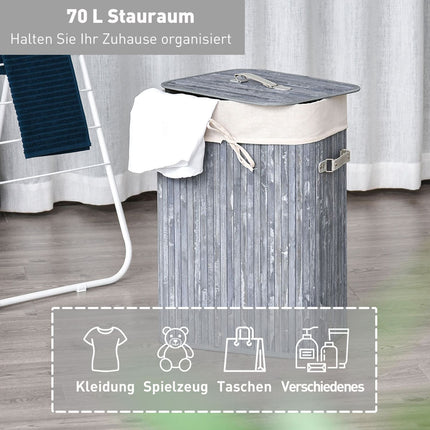 Foldable 72L bamboo laundry basket with lid - grey