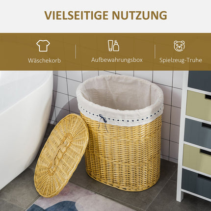 Wicker laundry basket with lid, 100L capacity, natural