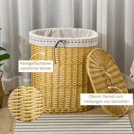 Wicker laundry basket with lid, 100L capacity, natural